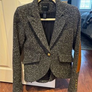 Smythe one button blazer with rectangle tan leather patches.